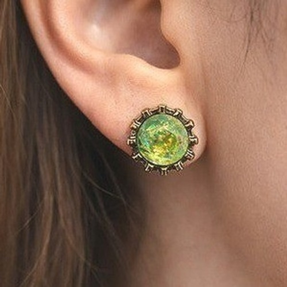 Vintage Stud Earrings Green Sim Lab Faux Opal Gold Tone Scalloped Sparkle Boho